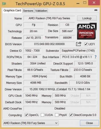 蓝宝石 Fury Tir-X GPU-z截图，默认频率为1040MHz。